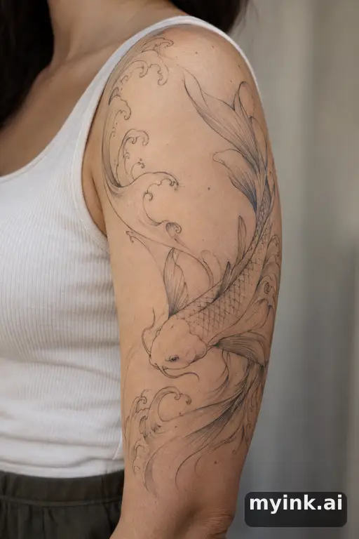 Koi fish in waves β Minimalist Half Sleeve Tattoo reference image