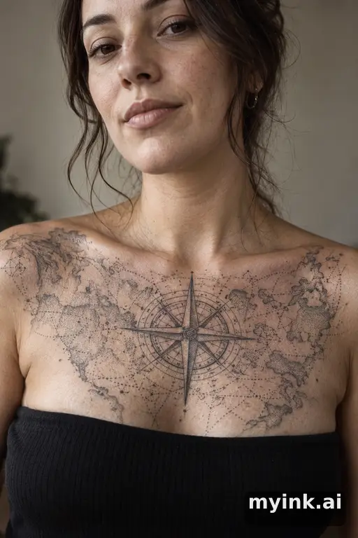 Compass over a vintage map β Dotwork Chest Tattoo reference image