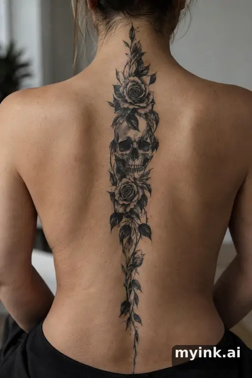 Skull with roses — Blackwork Spine Tattoo reference image