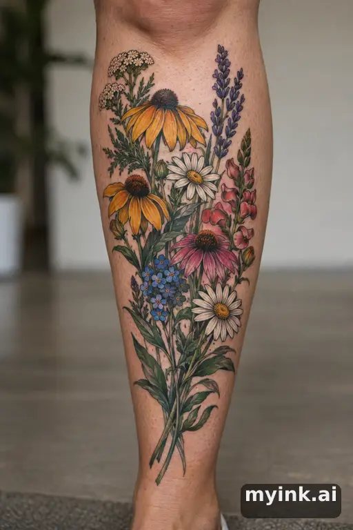 Botanical bouquet of wildflowers β Neo-Traditional Leg Tattoo reference image