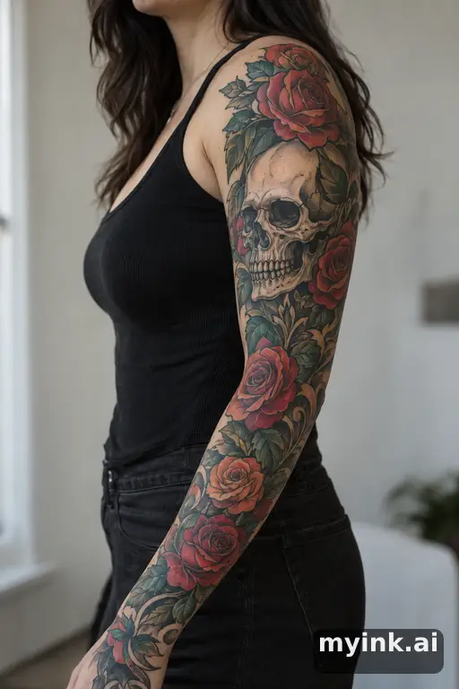 Skull with roses — Neo-Traditional Sleeve Tattoo reference image
