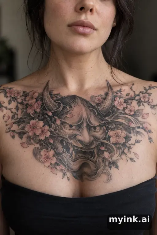 Hannya mask with cherry blossoms — Realistic Chest Tattoo reference image