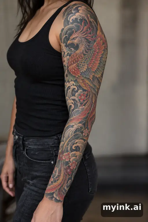 Phoenix rising β Japanese Sleeve Tattoo reference image