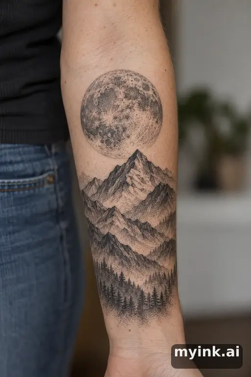 Full moon over mountains — Dotwork Moon Tattoo reference image
