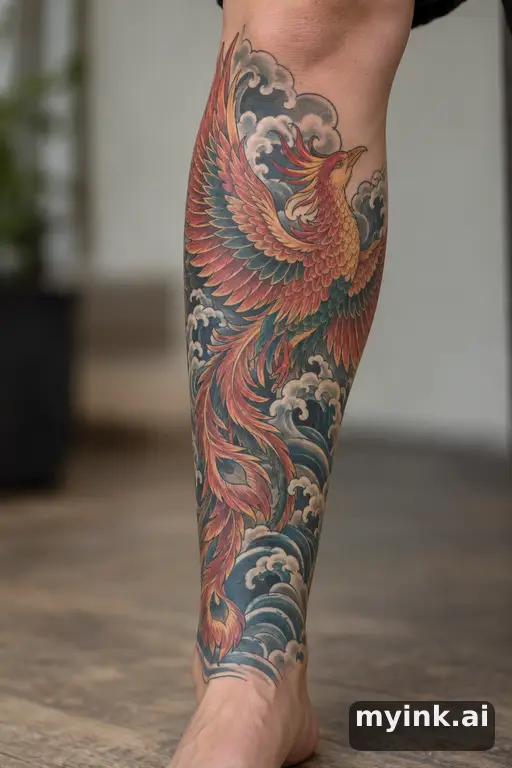 Phoenix rising β Japanese Leg Tattoo reference image
