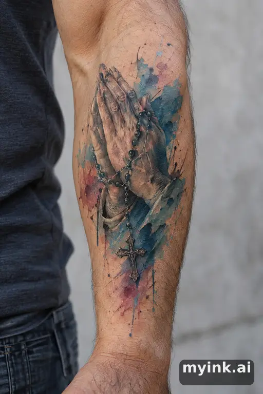 Praying hands holding a rosary cross — Watercolor Forearm Tattoo reference image