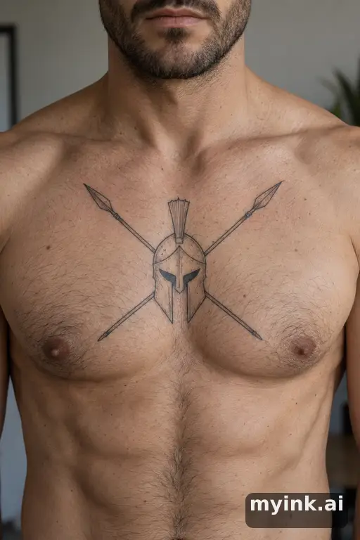 Spartan helmet with crossed spears β Minimalist Chest Tattoo reference image