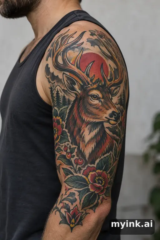 Stag head with large antlers β Traditional Half Sleeve Tattoo reference image
