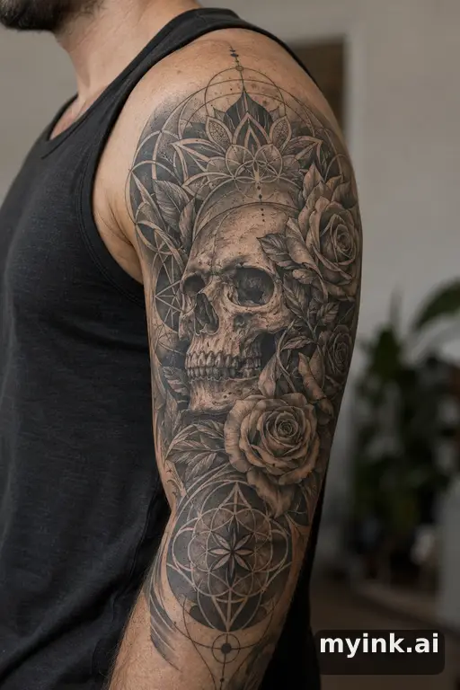 Skull wrapped in roses β Geometric Half Sleeve Tattoo reference image