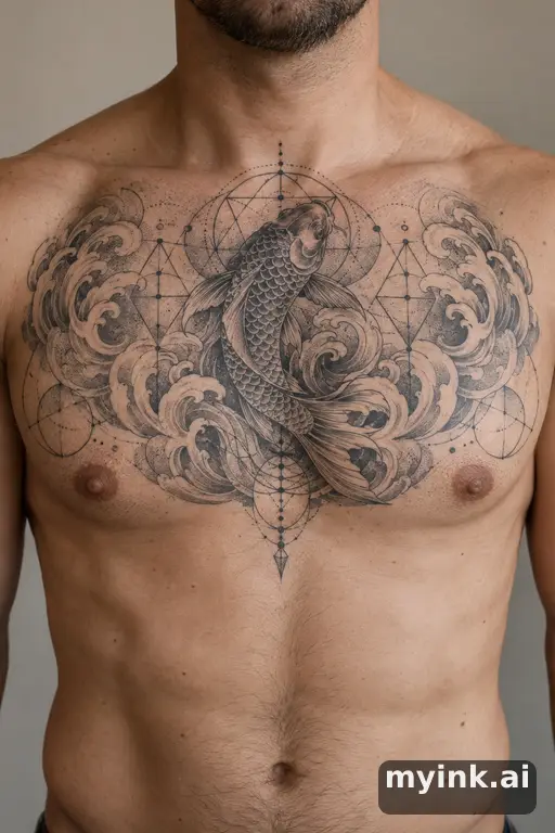 Koi fish in waves β Geometric Masculine Tattoo reference image