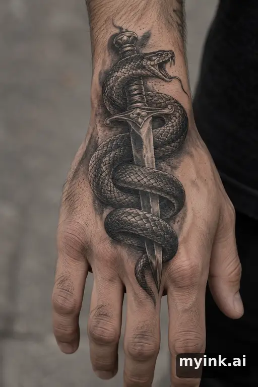 Snake wrapped around a dagger — Realistic Hand Tattoo reference image