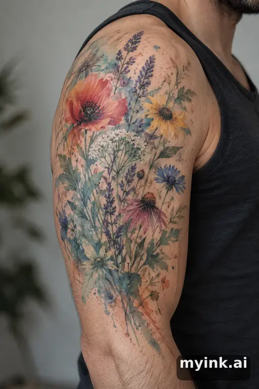 Botanical bouquet of wildflowers β Watercolor Half Sleeve Tattoo reference image