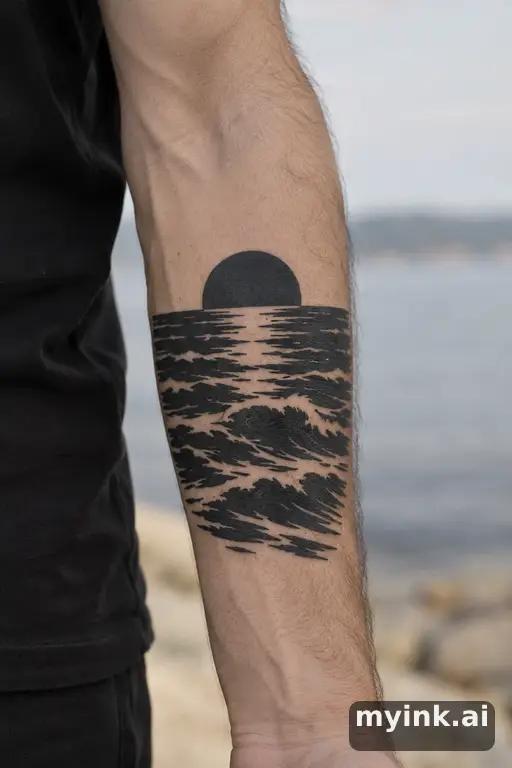 Sunset over the sea — Blackwork Memorial Tattoo reference image
