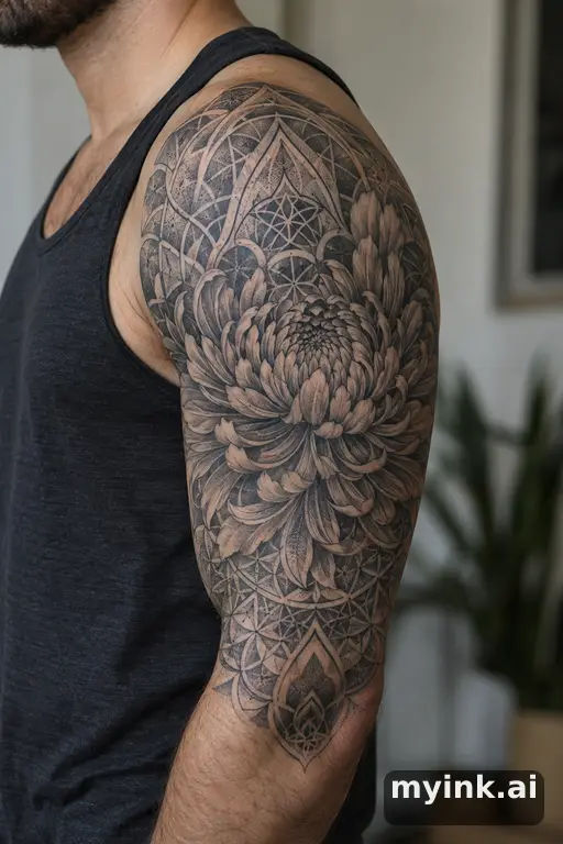 Chrysanthemum flower β Geometric Half Sleeve Tattoo reference image