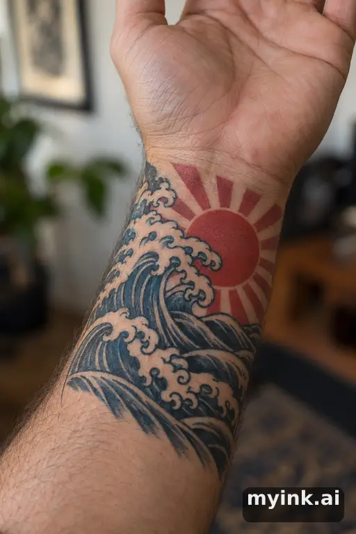 Rising sun over waves — Japanese Sun Tattoo reference image