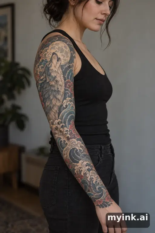 Wolf howling at the moon — Japanese Sleeve Tattoo reference image