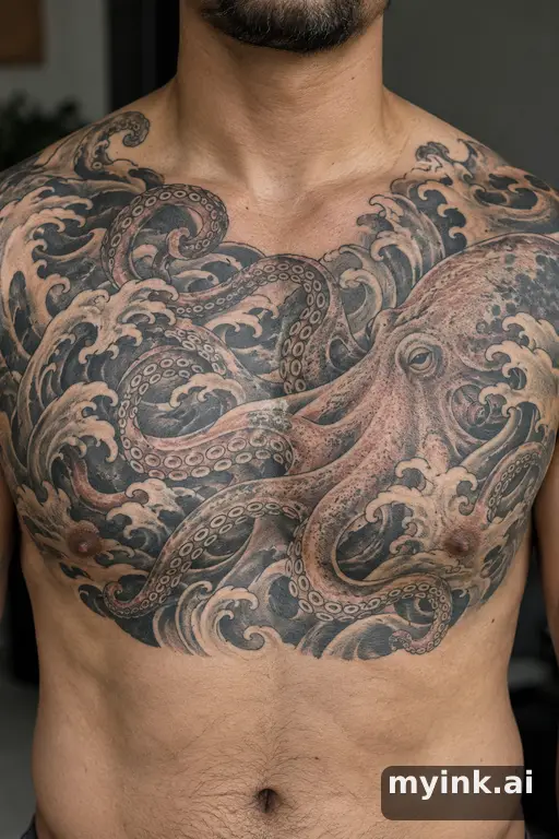 Octopus with curling tentacles β Japanese Chest Tattoo reference image
