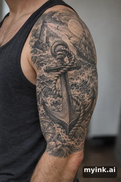 Ship anchor with rope β Dotwork Half Sleeve Tattoo reference image