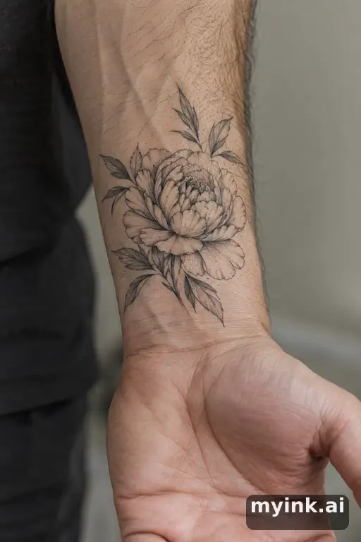 Blooming peony — Fine Line Tattoo reference image