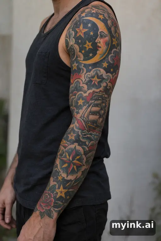 Crescent moon with stars — Traditional Sleeve Tattoo reference image