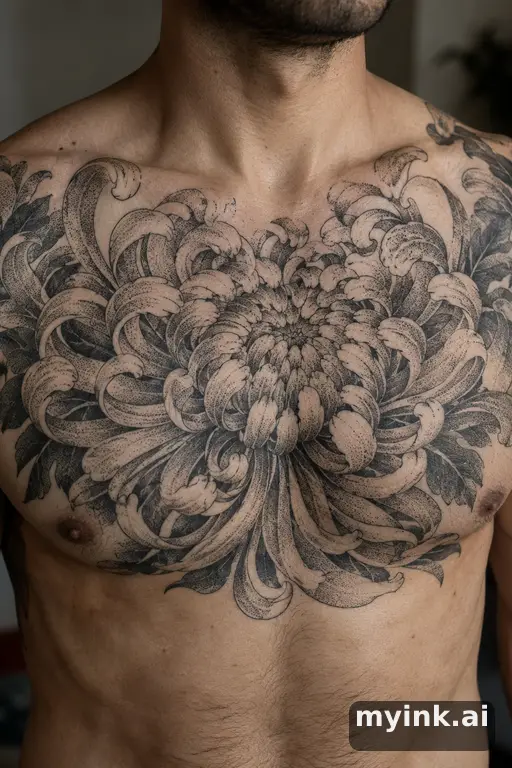 Chrysanthemum flower — Dotwork Chest Tattoo reference image