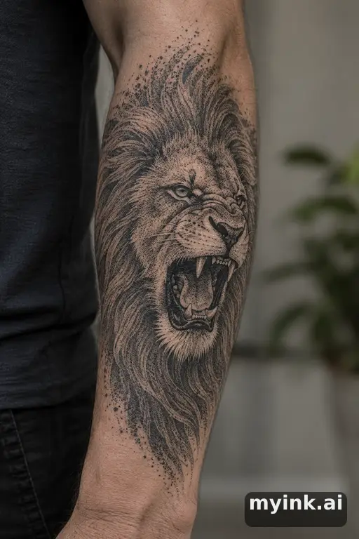 Roaring lion head — Dotwork Masculine Tattoo reference image