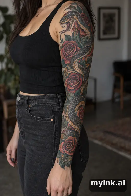 Snake winding through roses — Neo-Traditional Sleeve Tattoo reference image