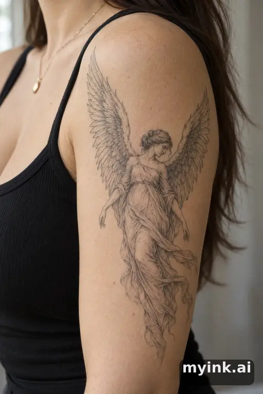 Angel with wings — Fine Line Tattoo reference image