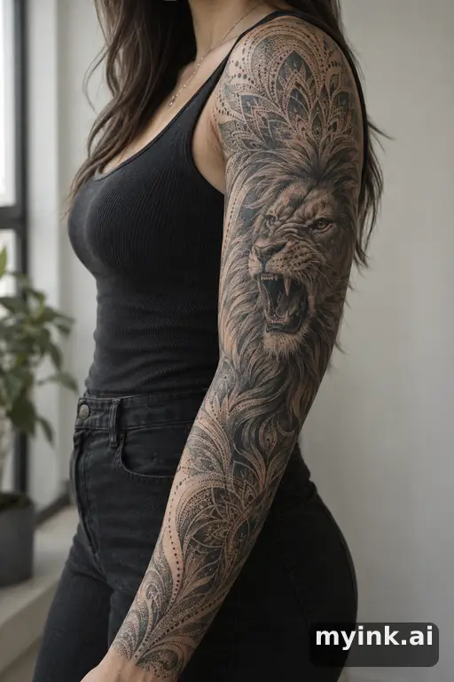 Roaring lion head — Dotwork Sleeve Tattoo reference image