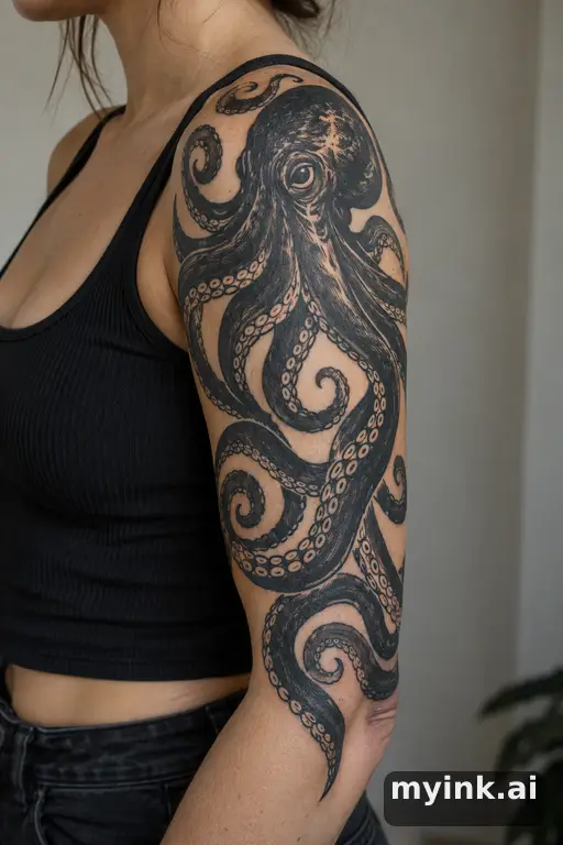 Octopus with curling tentacles β Blackwork Half Sleeve Tattoo reference image