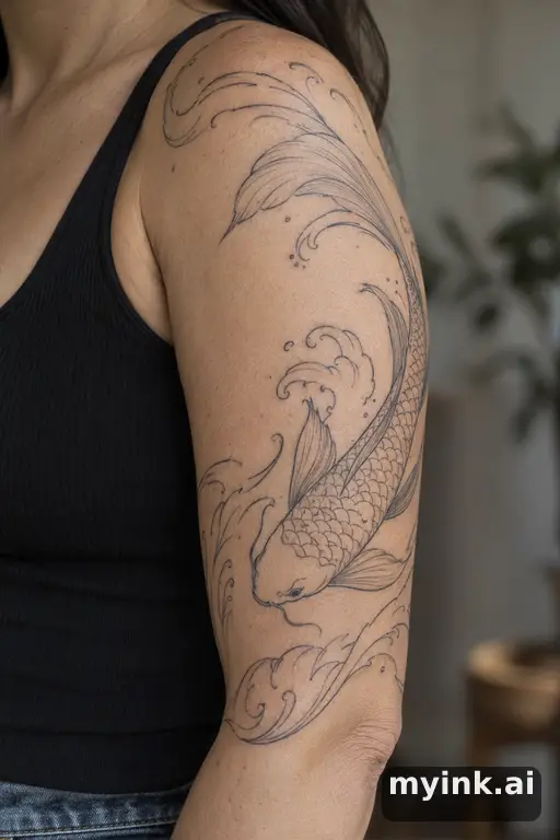 Koi fish in waves β Minimalist Half Sleeve Tattoo reference image