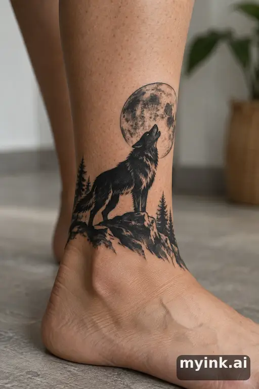 Wolf howling at the moon — Blackwork Moon Tattoo reference image
