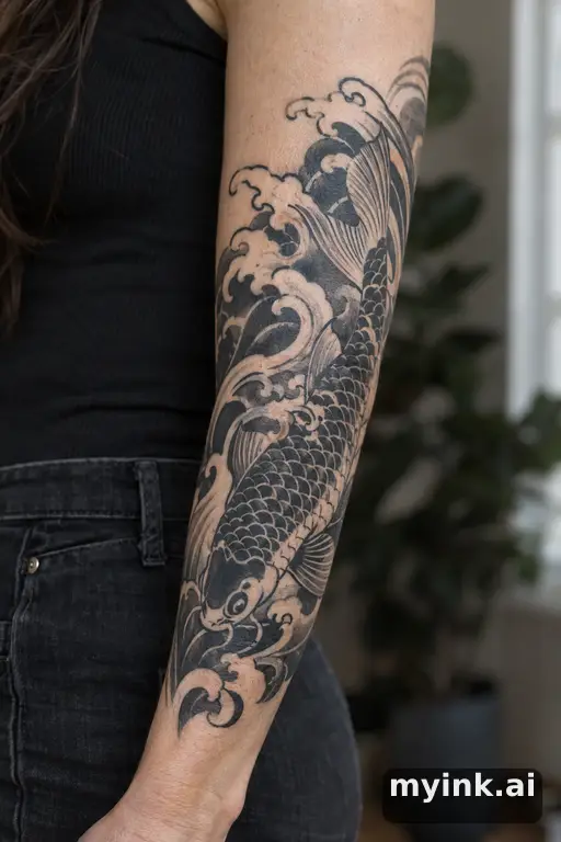 Koi fish swimming through waves — Blackwork Forearm Tattoo reference image