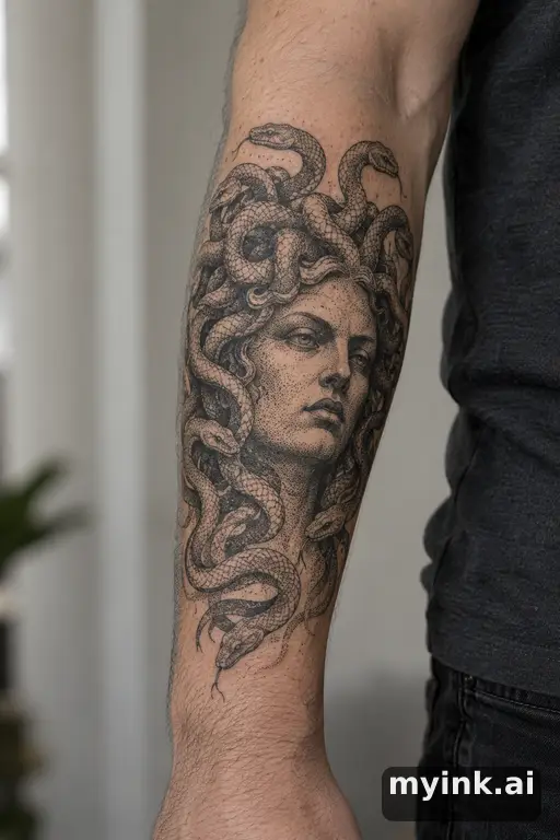 Medusa head with snake hair — Dotwork Forearm Tattoo reference image