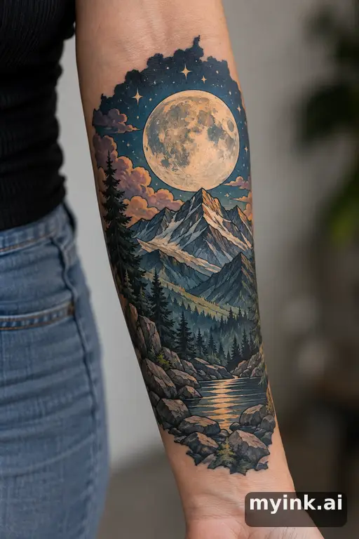 Full moon over mountains — Neo-Traditional Moon Tattoo reference image