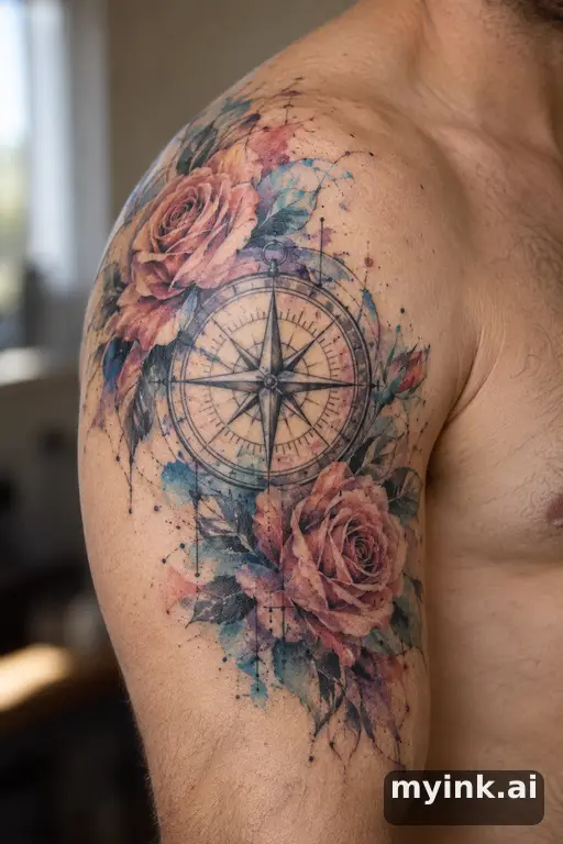 Compass with roses β Watercolor Compass Tattoo reference image