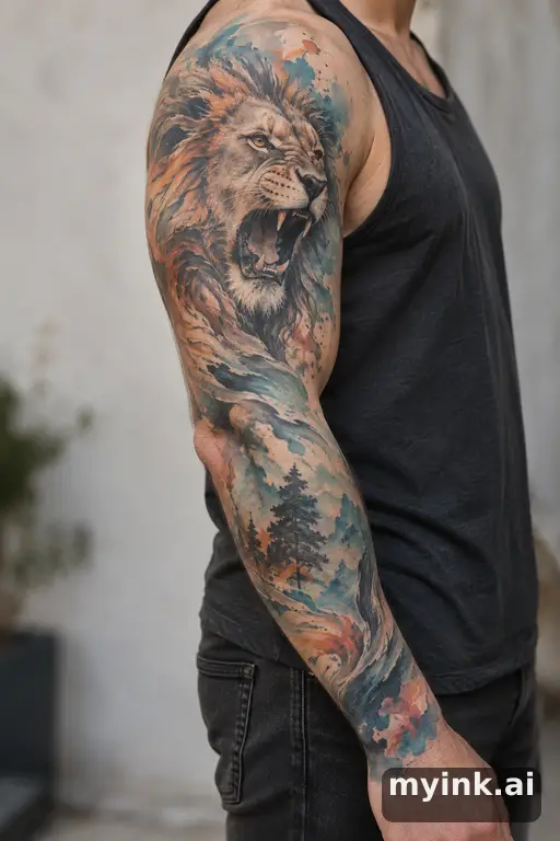 Roaring lion head — Watercolor Sleeve Tattoo reference image