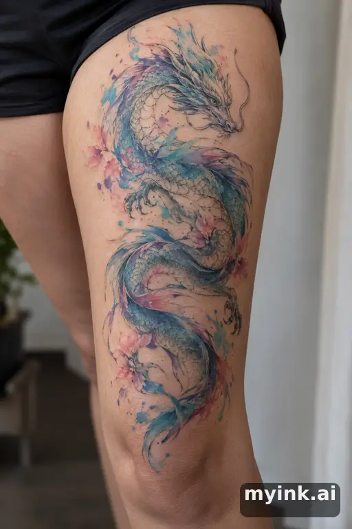 Dragon β Watercolor Thigh Tattoo reference image