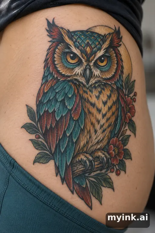 Owl β Neo-Traditional Tattoo for Women reference image