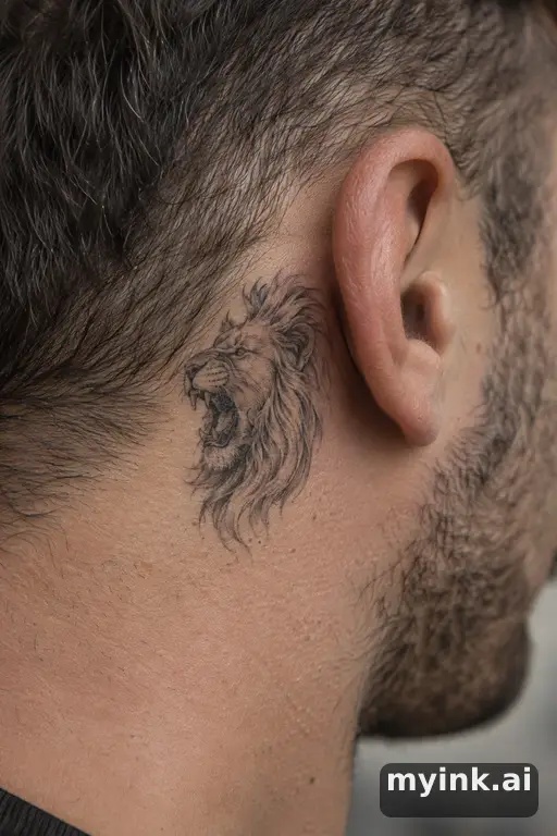 Roaring lion head — Fine Line Tattoo reference image