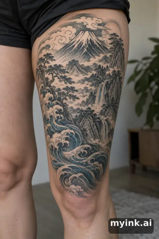 Mountain landscape β Japanese Thigh Tattoo reference image