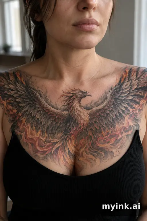 Phoenix rising from flames β Realistic Chest Tattoo reference image