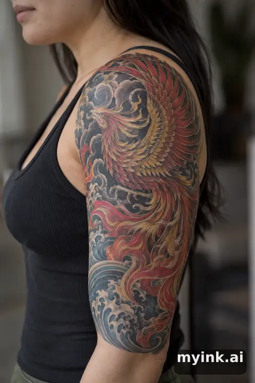 Phoenix rising from flames — Japanese Half Sleeve Tattoo reference image