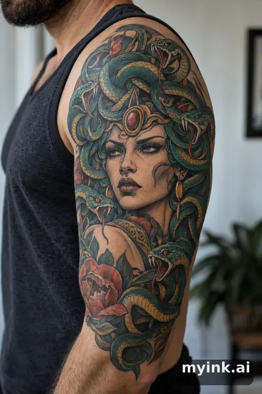 Medusa head with snake hair β Neo-Traditional Half Sleeve Tattoo reference image