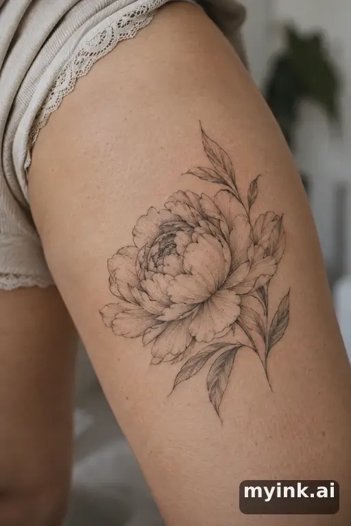 Blooming peony — Fine Line Tattoo for Women reference image