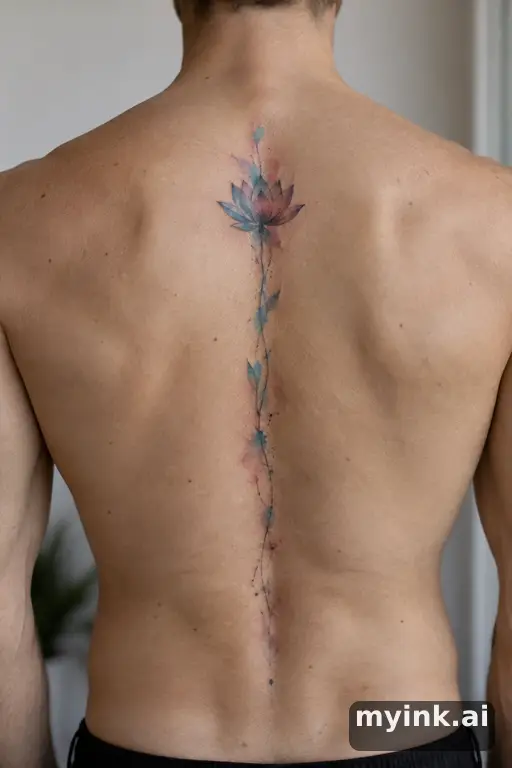 Little lotus — Watercolor Spine Tattoo reference image