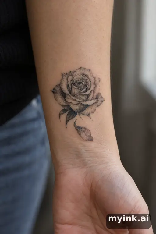Rose with a single falling petal — Dotwork Memorial Tattoo reference image
