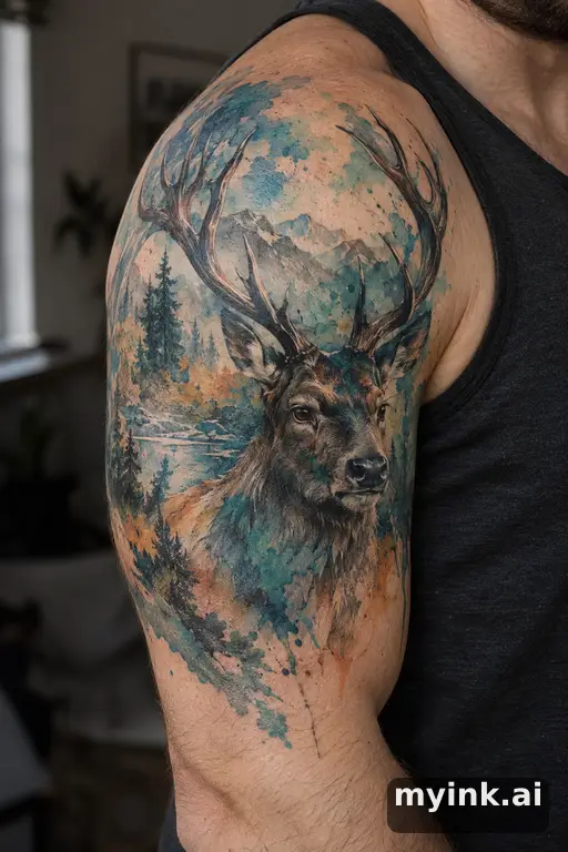 Stag head β Watercolor Masculine Tattoo reference image