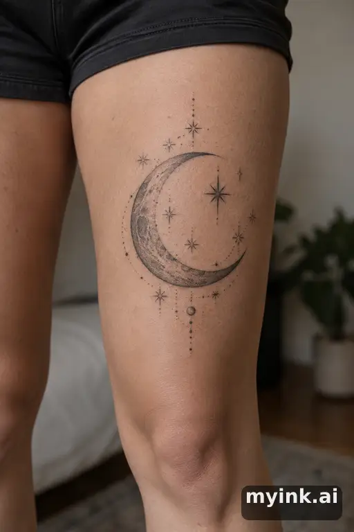 Crescent moon with stars — Dotwork Thigh Tattoo reference image
