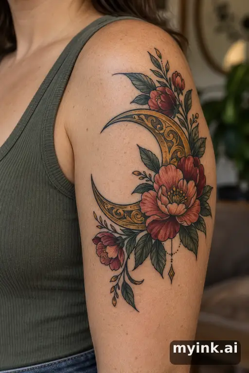 Crescent moon with flowers — Neo-Traditional Moon Tattoo reference image